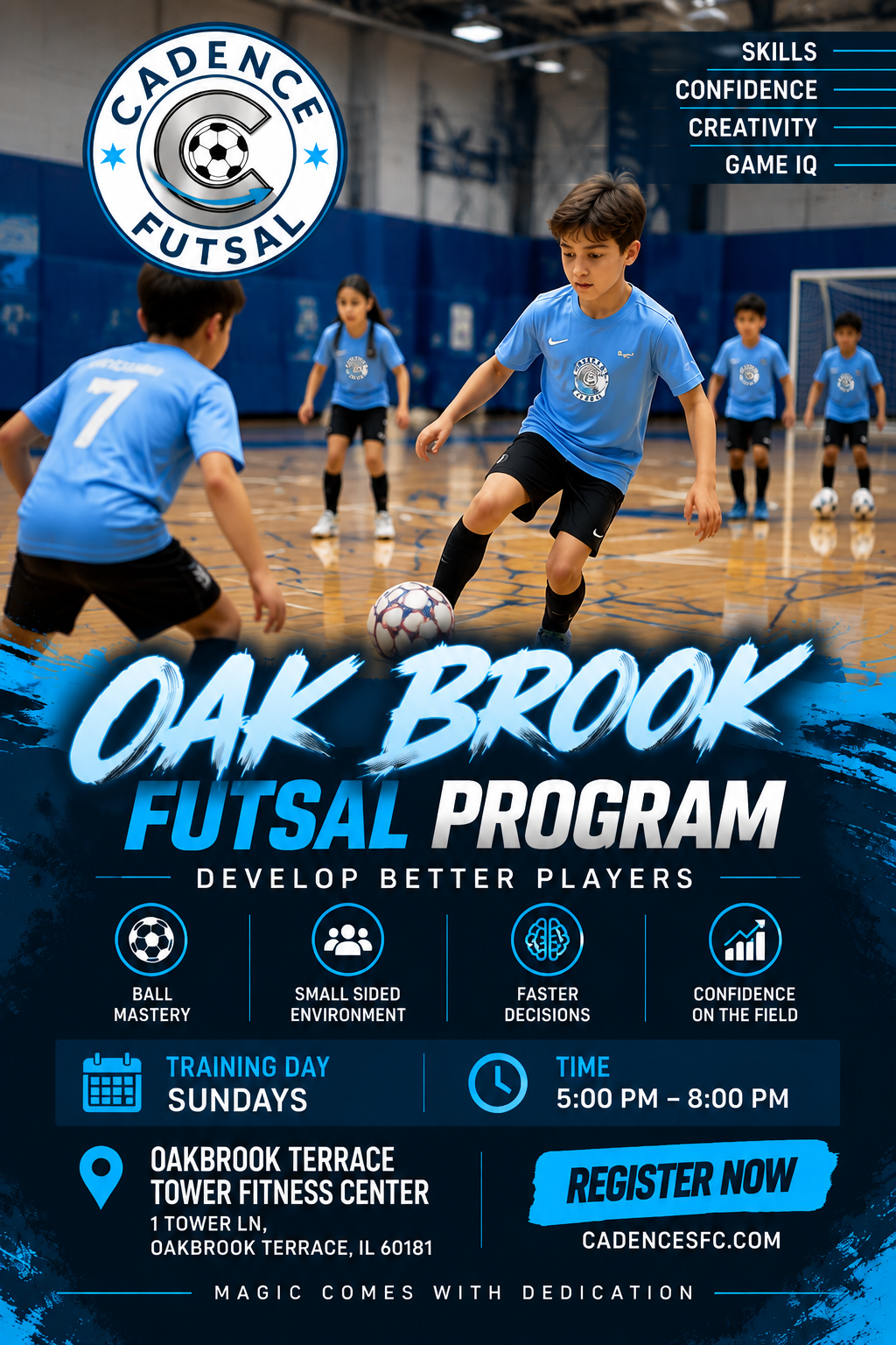Oak Brook Futsal Program flier — Sundays 5:00-8:00 PM at Oakbrook Terrace Tower Fitness Center, Oakbrook Terrace, IL