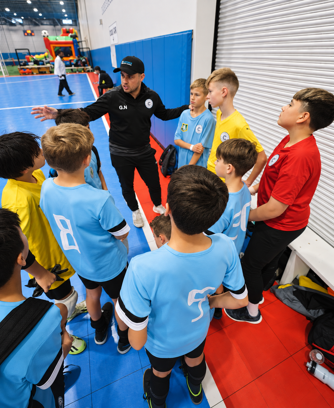 Cadence Futsal coach talking with youth players in a team huddle on the court