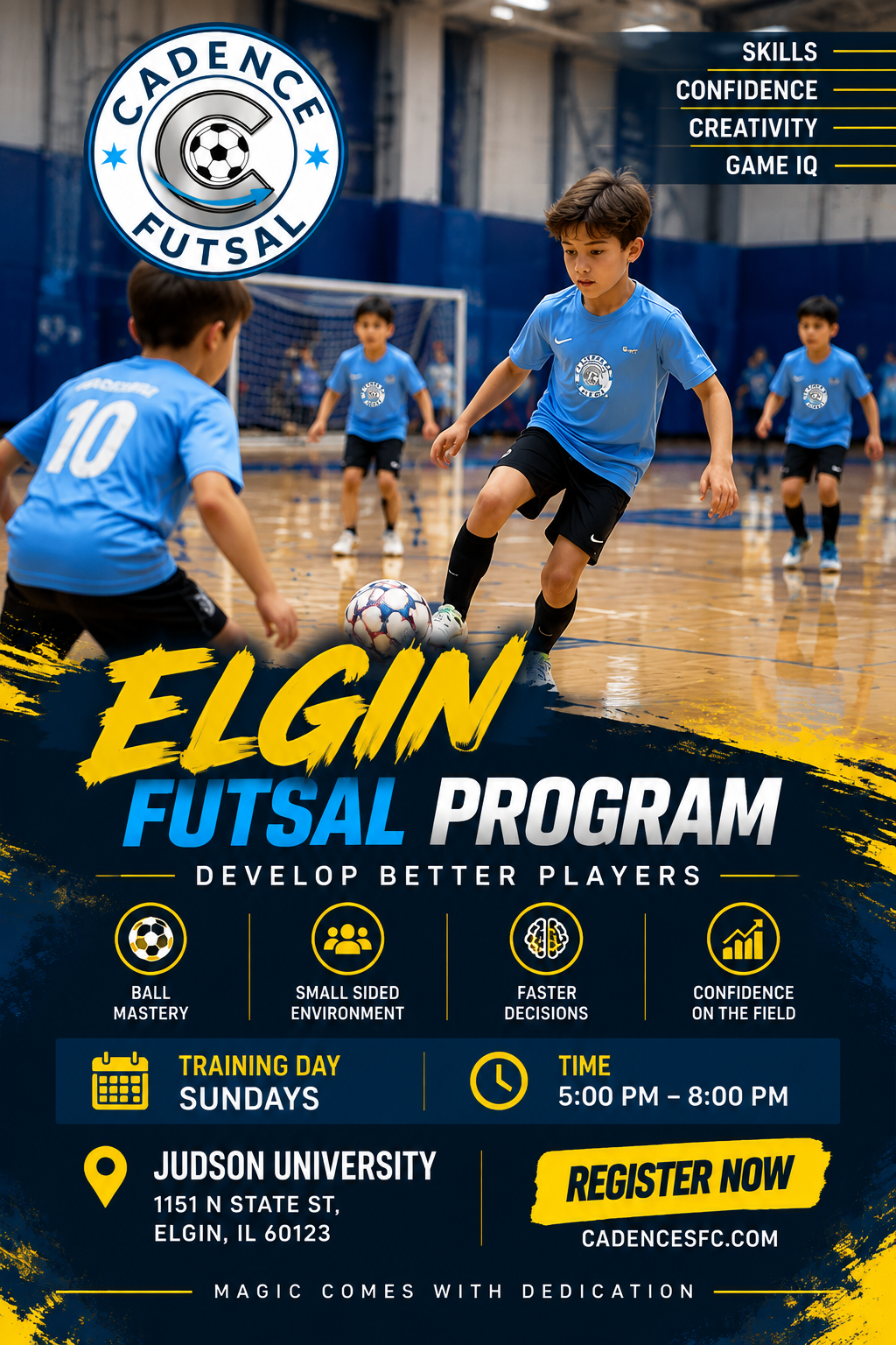 Elgin Futsal Program flier — Sundays 5:00-8:00 PM at Judson University, Elgin, IL