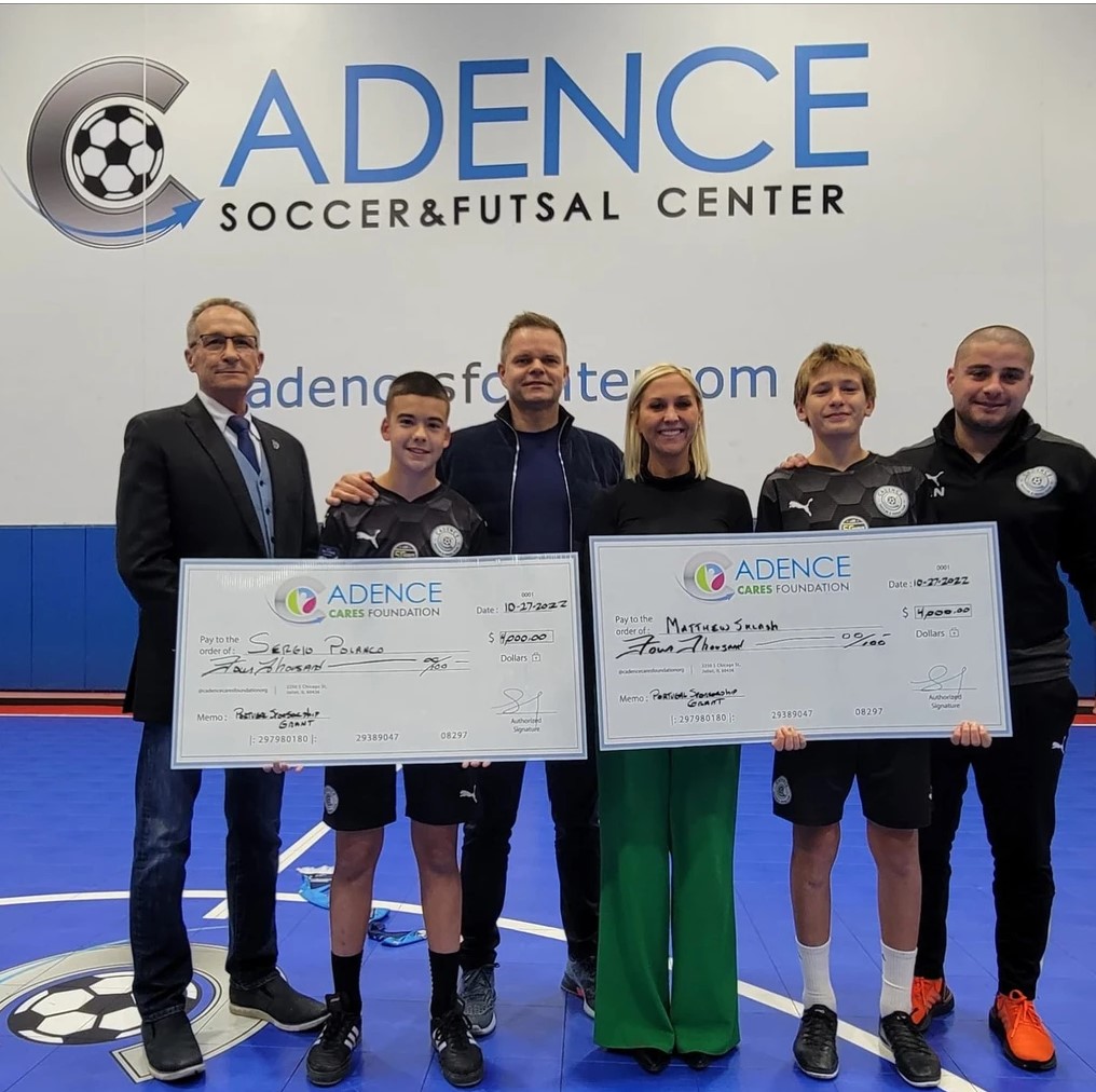 Cadence Cares Foundation scholarship check presentations to young players at Cadence Sports Center