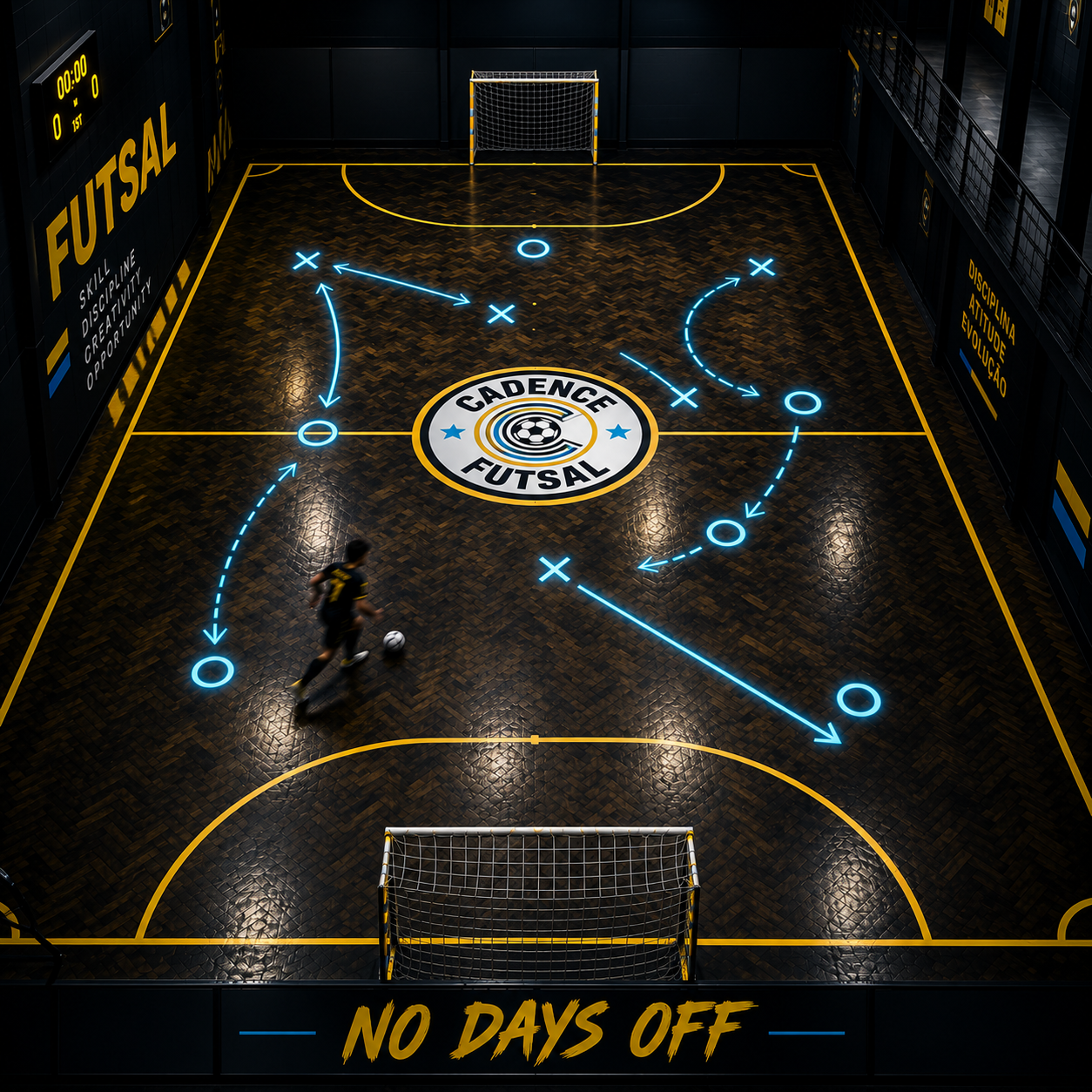 Tactical diagram overlaid on an indoor futsal court with a player dribbling